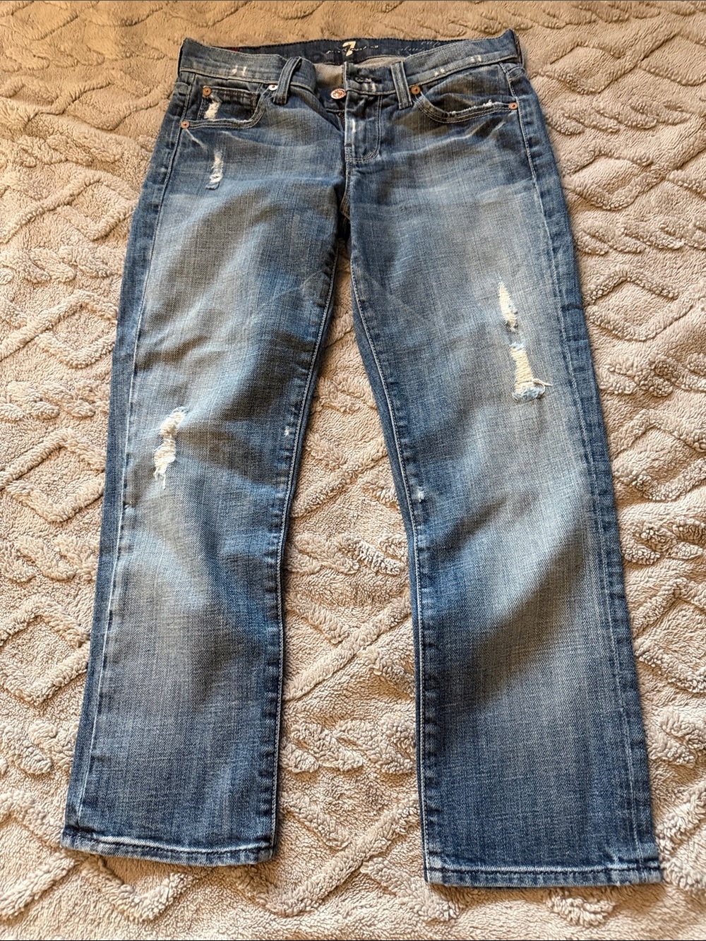 7 For All Mankind Distressed Medium Blue Straight Jeans